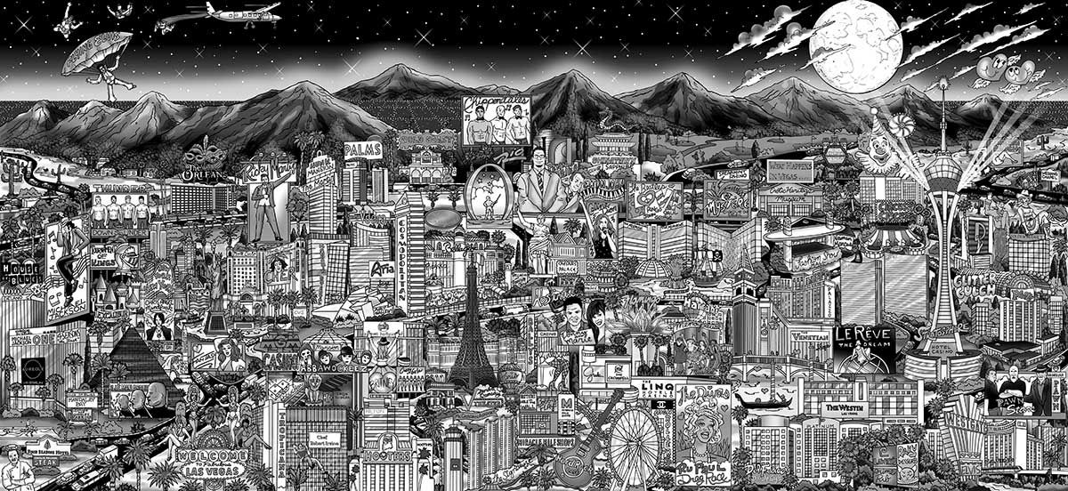 Charles Fazzino Midnight in Vegas (PR) (Black and White) (ALU)