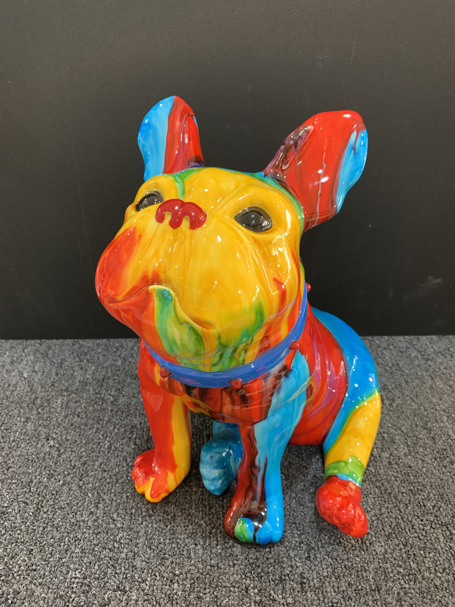 Ancizar Marin Sitting Frenchie Rainbow Swirl) (Blue Collar with Red Dots)